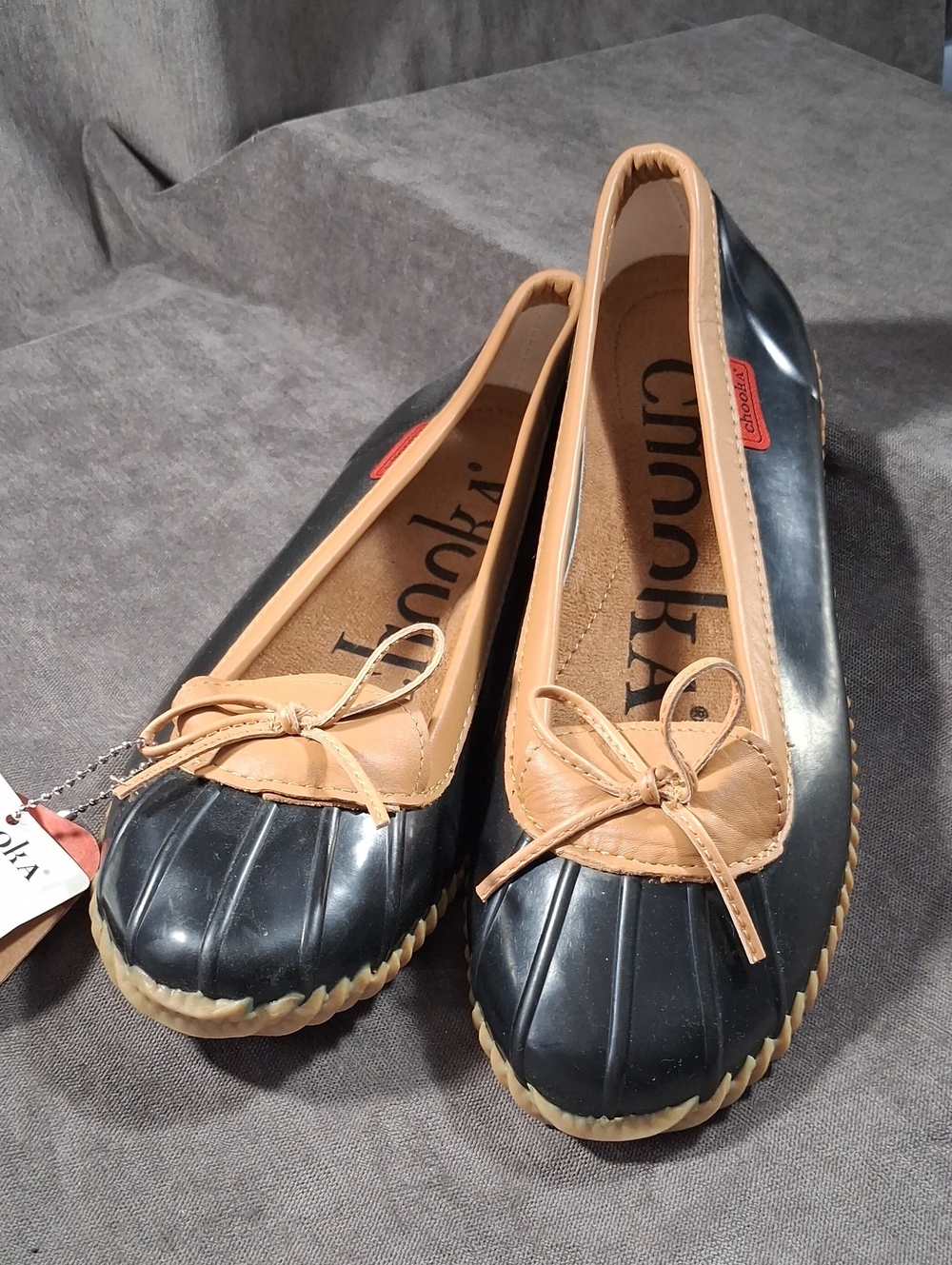 chooka Black Duck Skimmer Rubber + Faux Leather Slip On Rain Flats NWT US 10